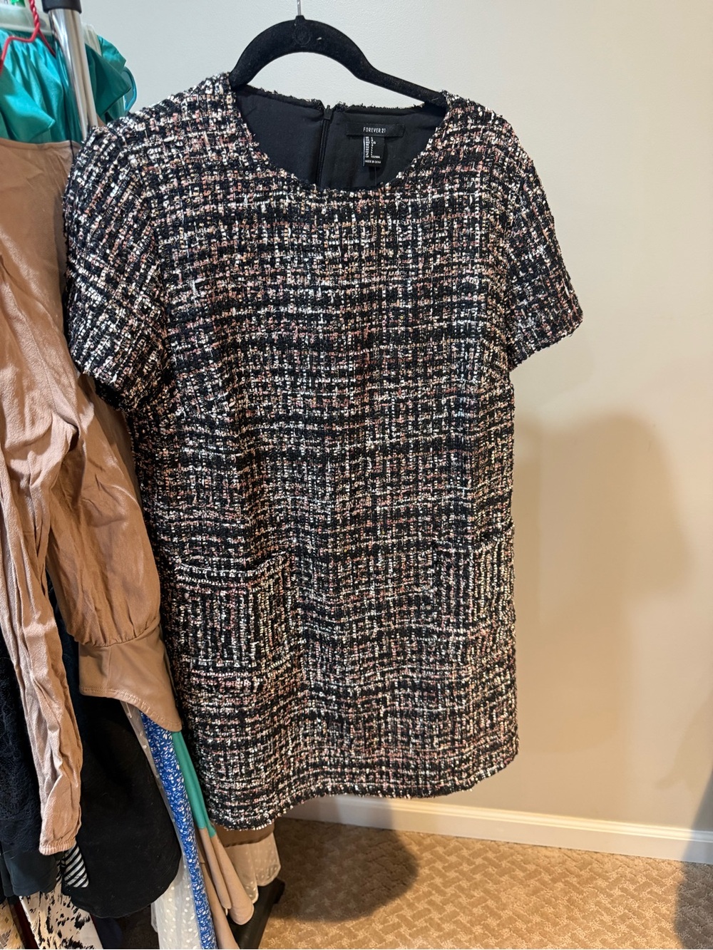 Black & Pink Tweed Short Sleeve Dress